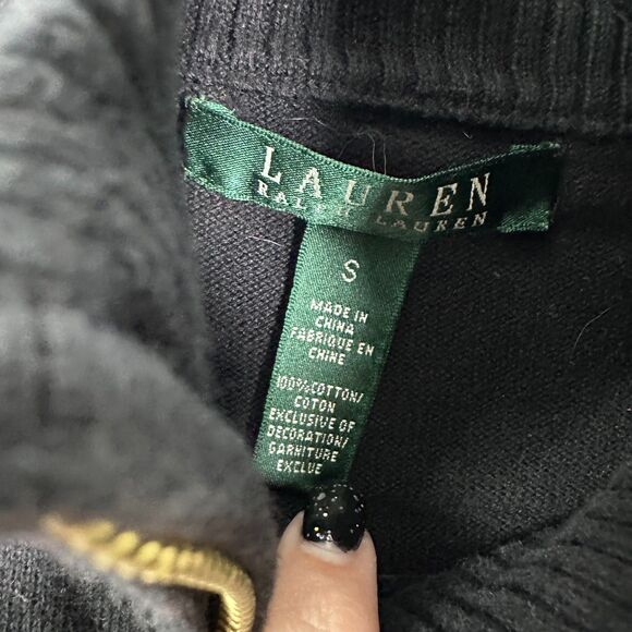 Lauren Ralph Lauren Black Crest Full Zip 3/4 Sleeve Sweater Cardigan Size Small - Picture 2 of 5